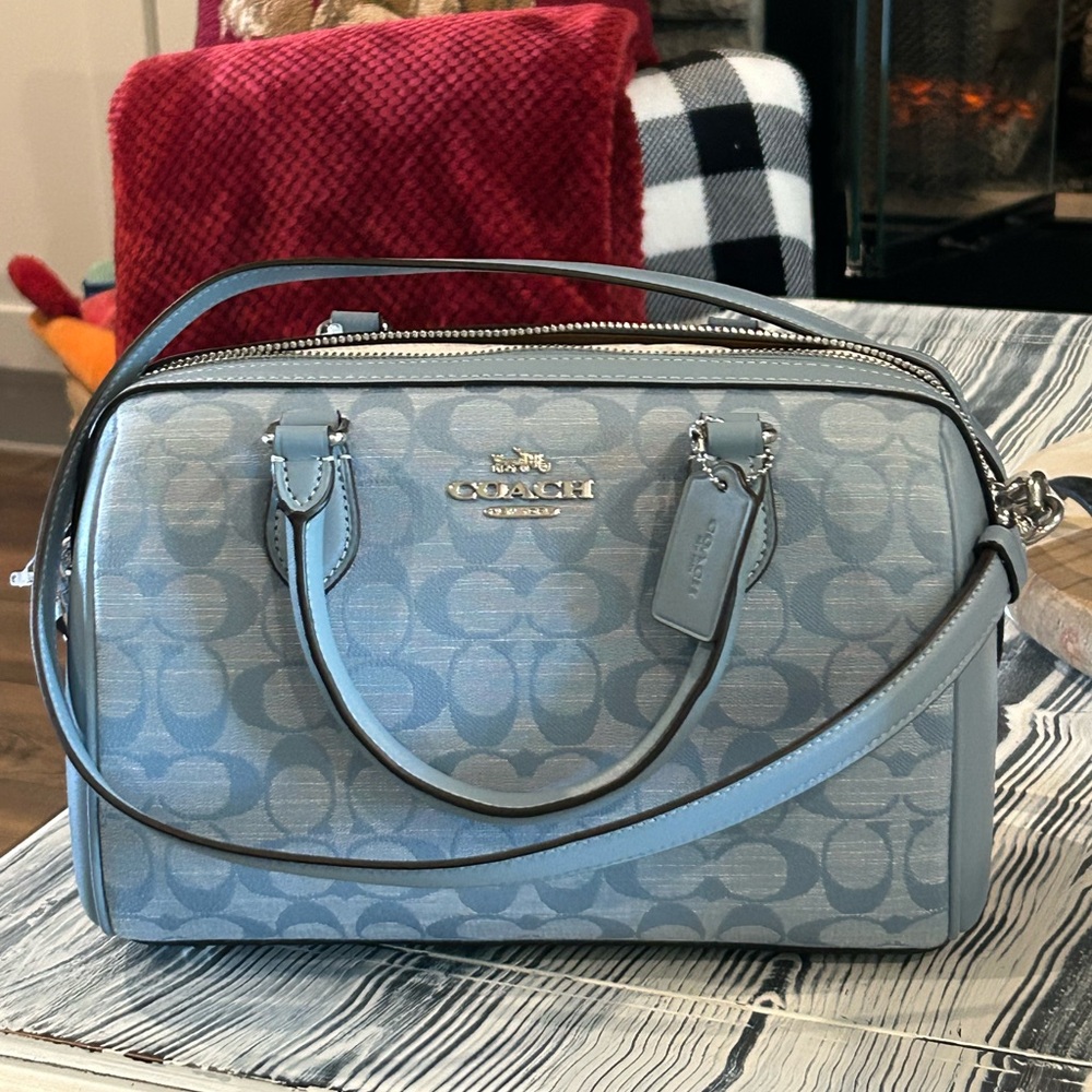 Coach Blue Signature Satchel with Leather Trim